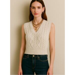 Pink Rose Beige Cable Knit Sweater Vest Women’s S V-Neck Sleeveless Diamond